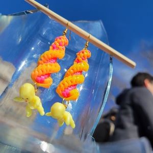 Yellow Pink Spirals w Mini Baby Charms - Handmade Lanyard / Scoobidou Earrings